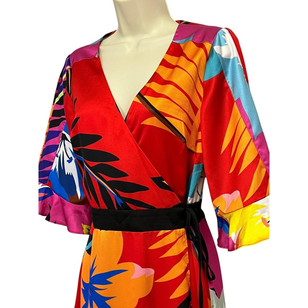 Liquorish Dress Womens‎ US 6 Red Multicolor Wrap Midi Ruffle Sleeves Tropical - Picture 8 of 13